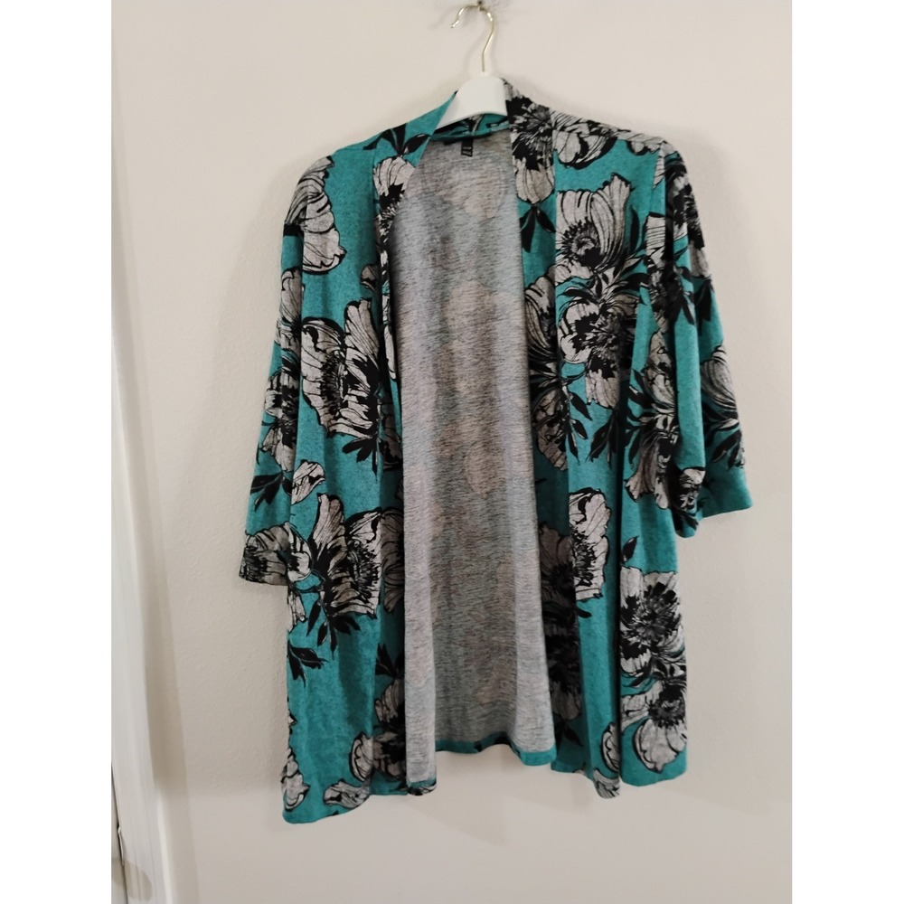 Lane Bryant Teal Floral Open Front Cardigan Plus Size 22/24 3/4 Sleeve Knit Top